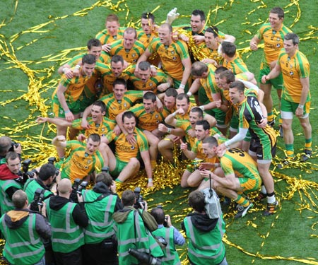 Action from the All-Ireland Senior Football Championship final between Donegal and Mayo.