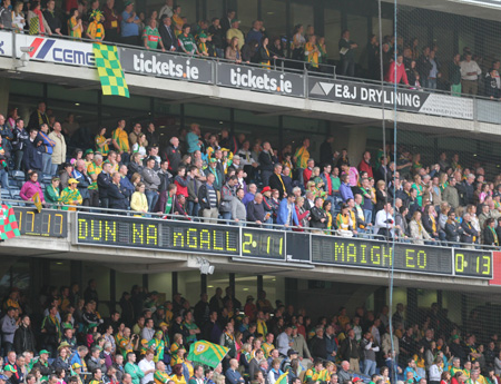 Action from the All-Ireland Senior Football Championship final between Donegal and Mayo.