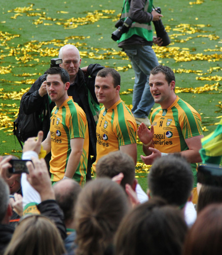 Action from the All-Ireland Senior Football Championship final between Donegal and Mayo.