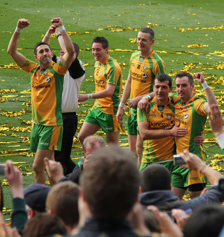 Action from the All-Ireland Senior Football Championship final between Donegal and Mayo.