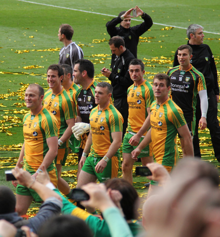 Action from the All-Ireland Senior Football Championship final between Donegal and Mayo.