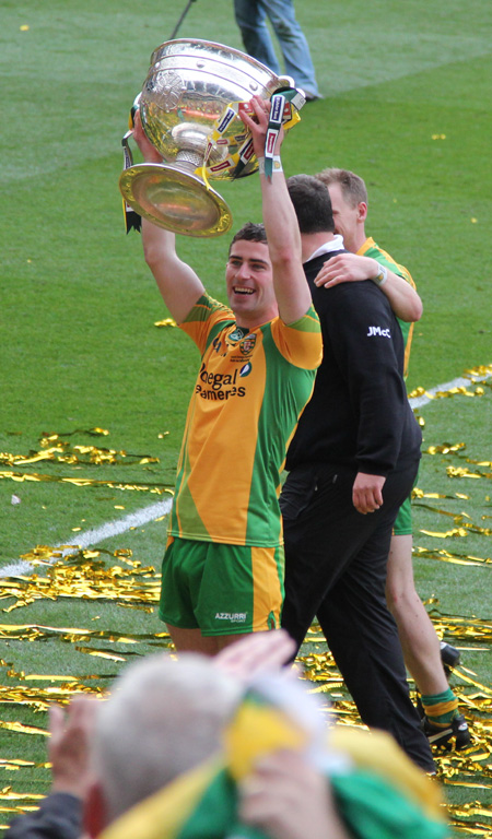 Action from the All-Ireland Senior Football Championship final between Donegal and Mayo.