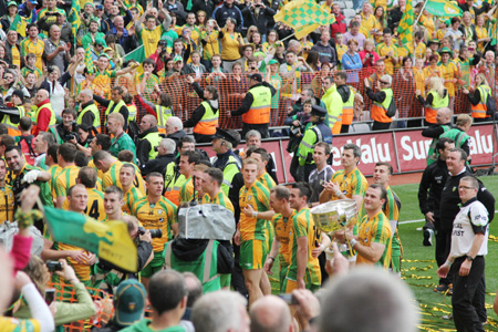 Action from the All-Ireland Senior Football Championship final between Donegal and Mayo.