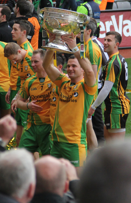 Action from the All-Ireland Senior Football Championship final between Donegal and Mayo.