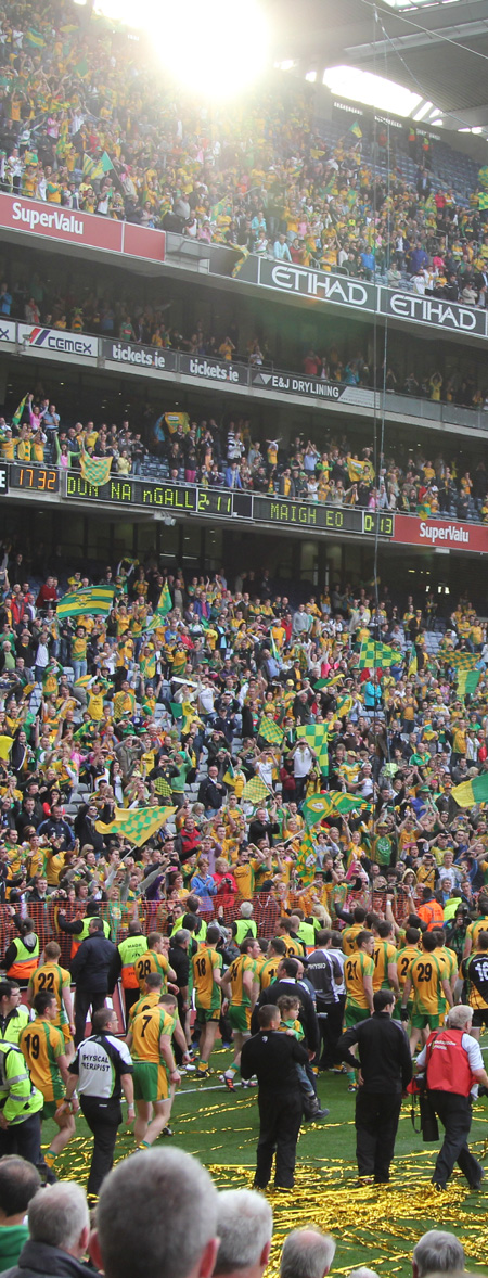 Action from the All-Ireland Senior Football Championship final between Donegal and Mayo.