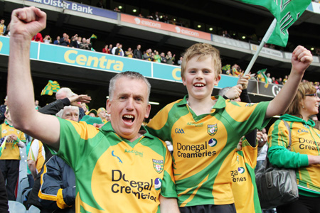 Action from the All-Ireland Senior Football Championship final between Donegal and Mayo.