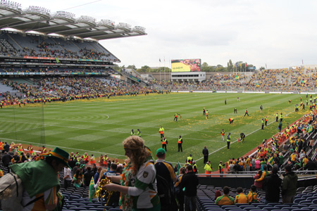 Action from the All-Ireland Senior Football Championship final between Donegal and Mayo.