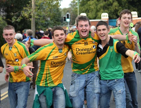 Action from the All-Ireland Senior Football Championship final between Donegal and Mayo.