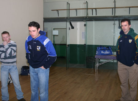 Alan Kerins, Galway senior hurling star, addresses the Aodh Ruadh under 12 hurlers after the interprovincial games in Ballybofey on Saturday 20th October, accompanied by mentors Peter Horan and John Rooney.